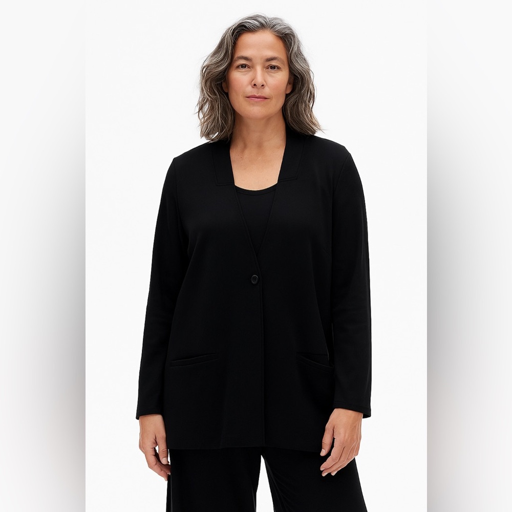 LAST CHANCE Eileen Fisher Black Collar Blazer Tencel Ponte Fits Like XL